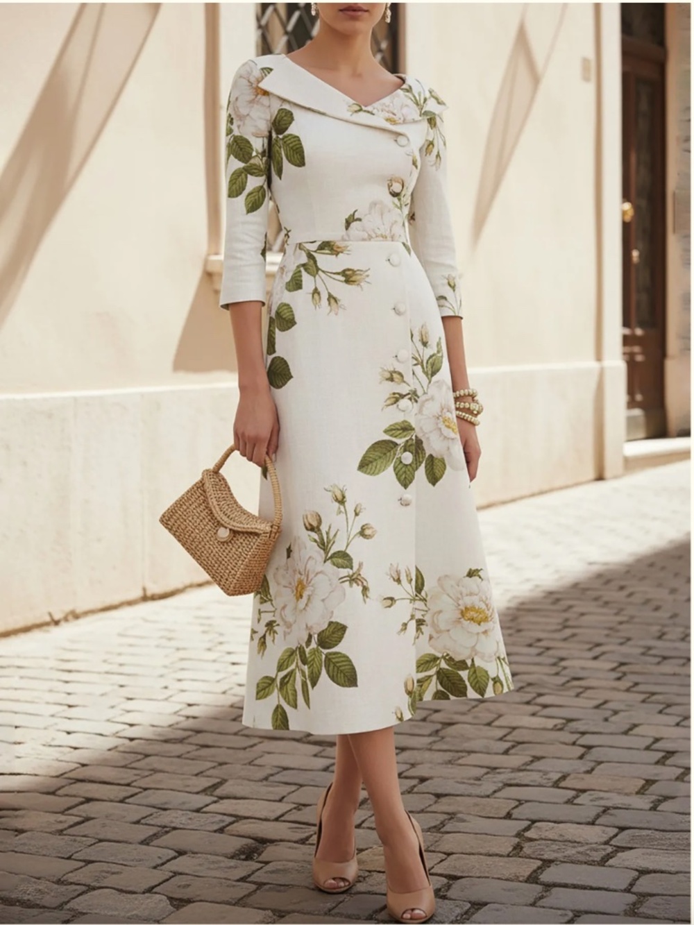 Chillin Midi Linen Dress, Half Sleeve, Floral, Button Design, Vintage XS